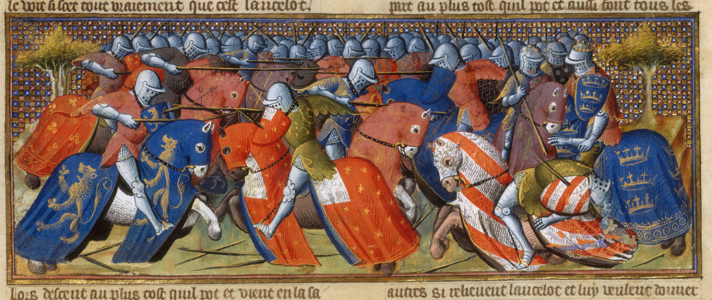 (2) Livre de Lancelot du Lac. Tournoi de Camelot. Roman du XIIIe siècle, manuscrit copié à Paris au début du 15e siècle. BnF, Manuscrits, Français 119 fol. 474.