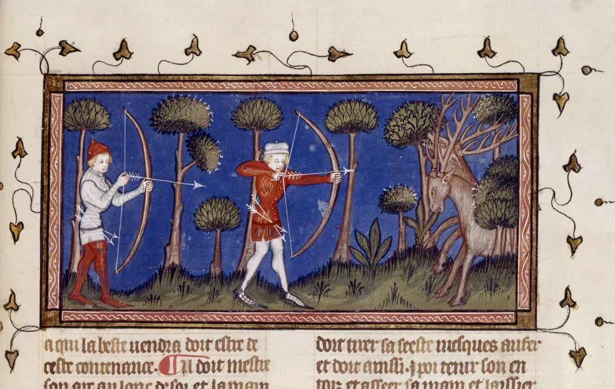 (3). Livre du roi Modus et de la reine Ratio. Chasse aux cerfs. France, Paris, 1379.  BnF, Département des manuscrits, Français 12399, fol. 38r.