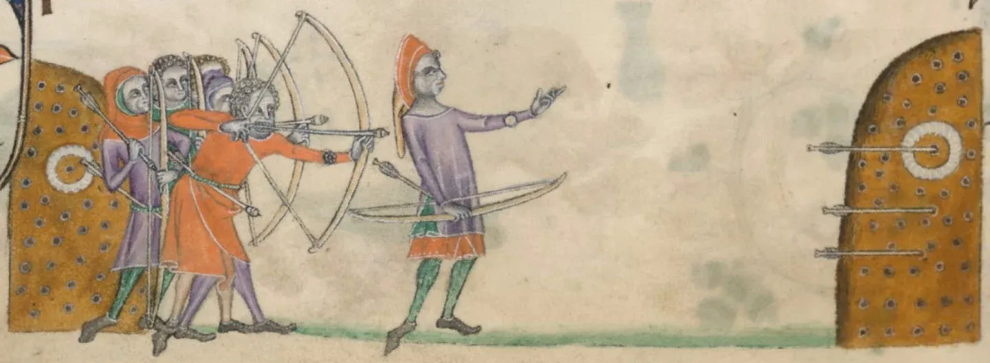 (4) Entraînement des archers gallois. British Library, Le Psautier de Luttrell, Add MS 42130, fol. 147v, XIVe siècle.