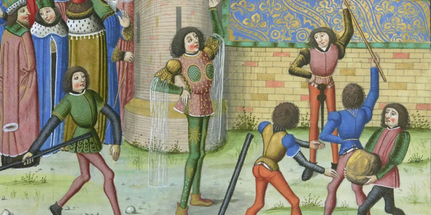 (6) Recueil des histoires de Troyes de Raoul Lefèvre. Hercule participant aux Jeux. Flandres, Bruges 1468-1472. BnF, département des Manuscrits. Français 59, fol. 111v.