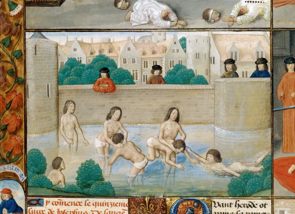 (9) Jeunes gens apprenant à nager dans les fossés d’une ville. Belgique, Bruges, XVe siècle. BnF, bibliothèque de l’Arsenal, manuscrit 5070.