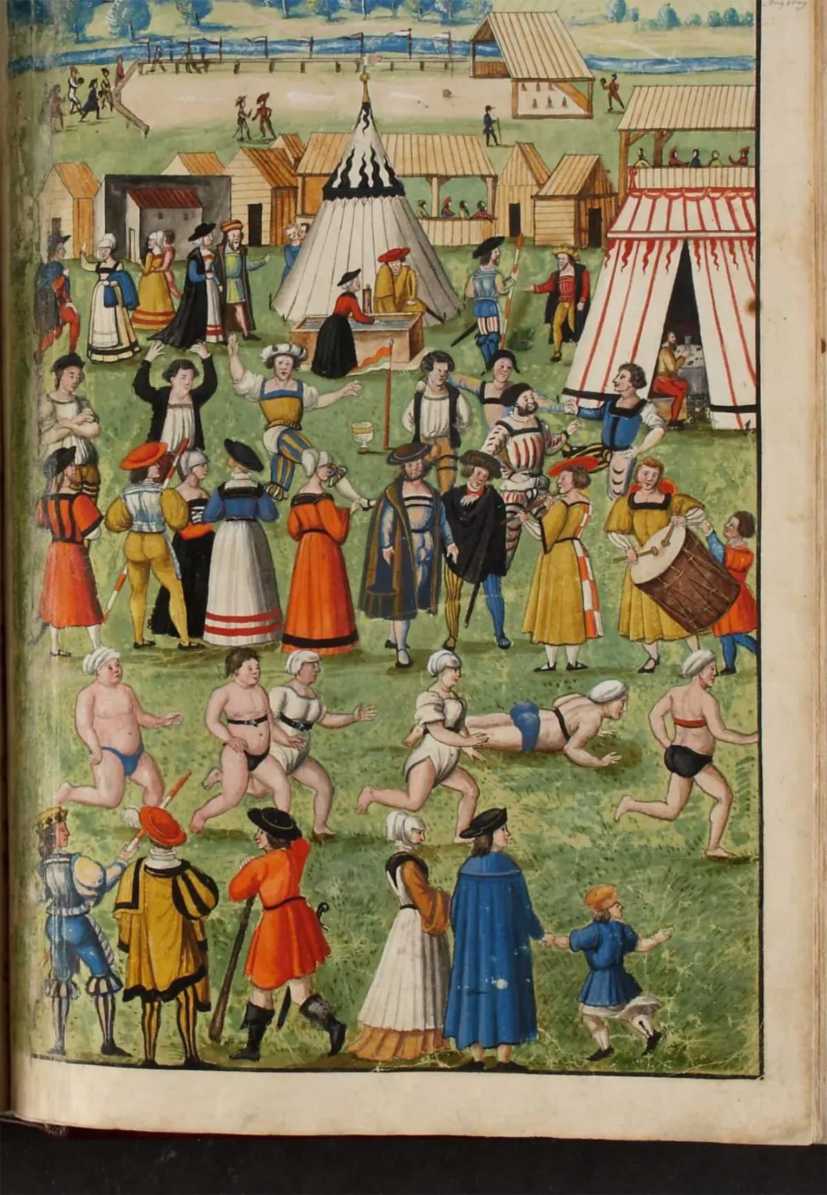 Femmes et hommes lors d’une épreuve de course à pied dans le cadre de la fête de tir d’Augsbourg en 1509, illustration vers 1570