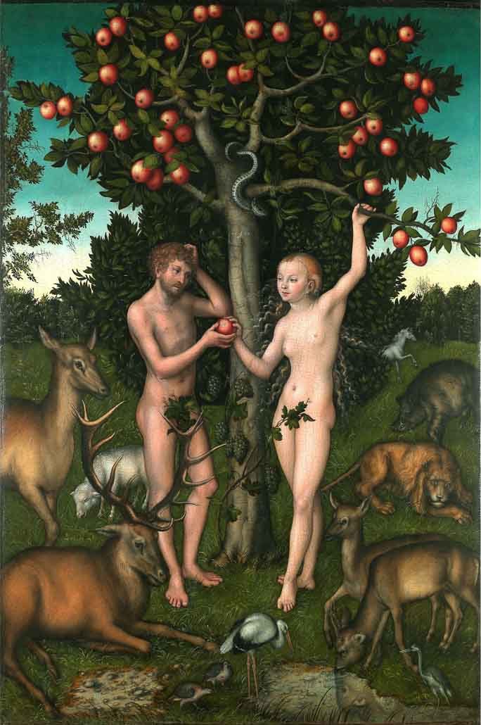 Lucas Cranach l’Ancien, « Adam et Ève », peinture à l’huile sur panneaux, 1528. Musée des Offices à Florence.