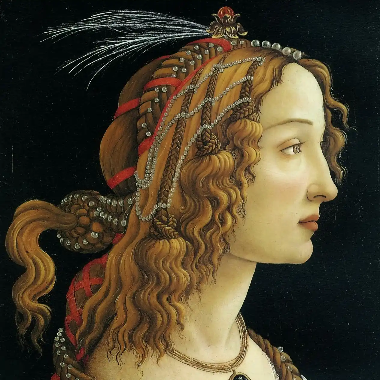 Portrait de jeune femme/ Atelier de Sandro Botticelli. Vers 1480. Détail.