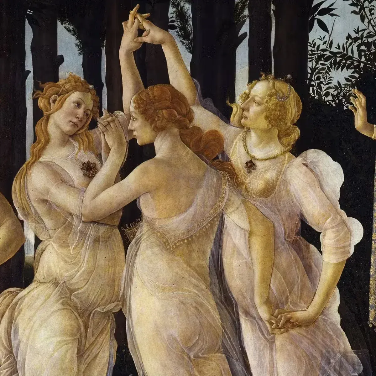 Sandro Botticelli. Le Printemps. Détail. Les 3 grâces seraient inspirées de Simonetta Vespucci. 