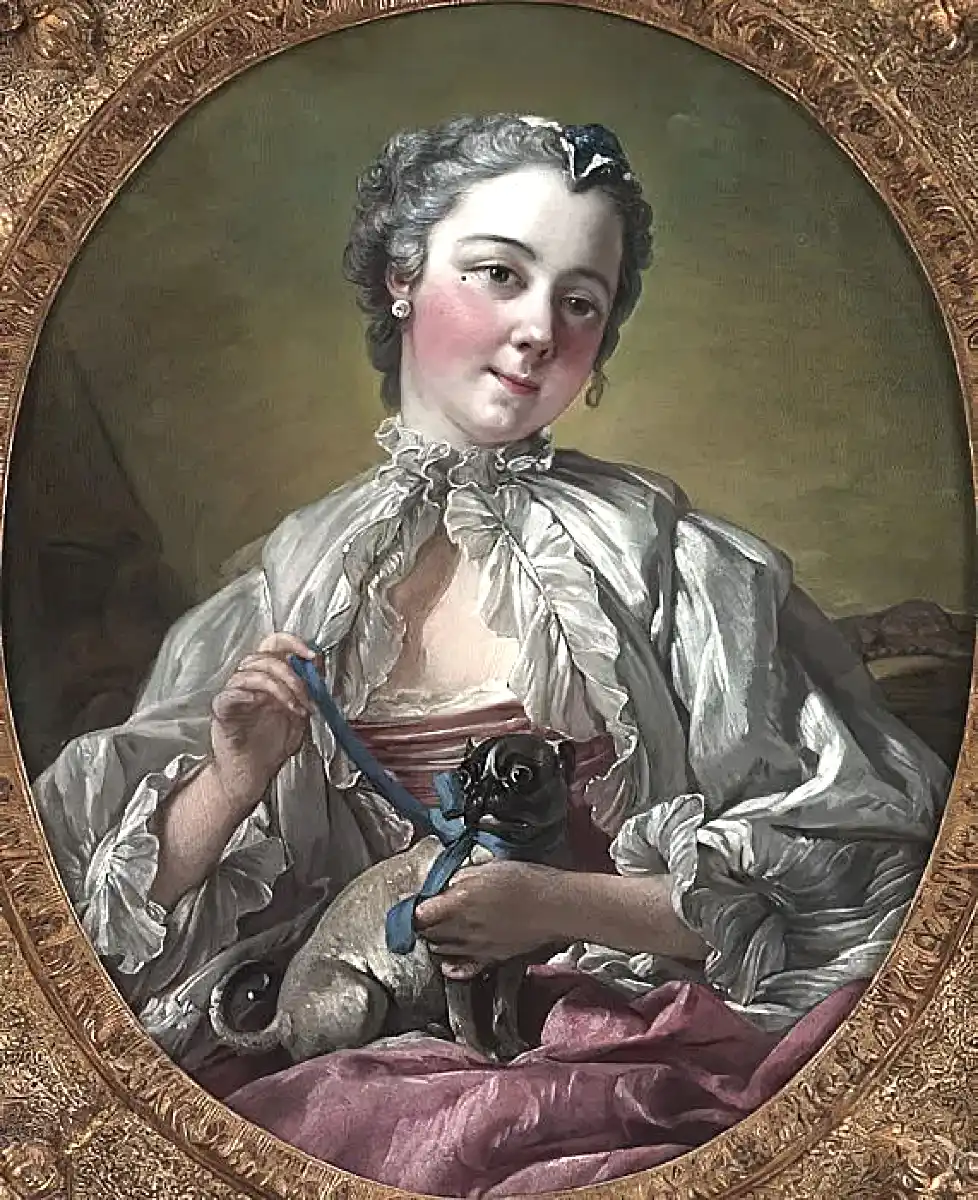 François Boucher. Jeune femme avec carlin. 1740.