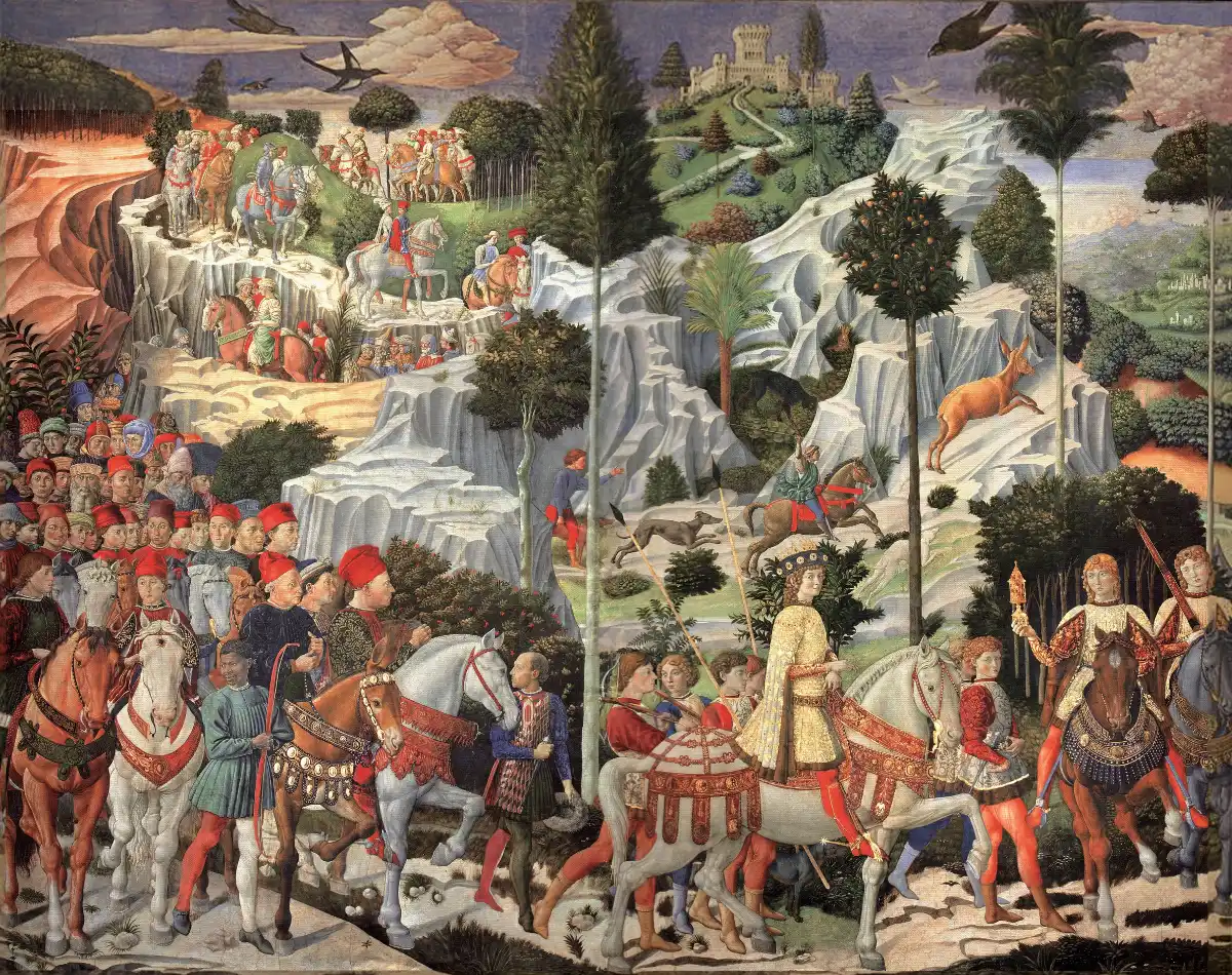 Partie Est du cycle des fresques de la chapelle des Mages dans le Palais Medici-Riccardi. Benozzo Gozzoli (1459-1461). Laurent le magnifique, Jean VIII Paléologue et Sigismond de Luxembourg figurent les rois mages. Pas moins que cela !