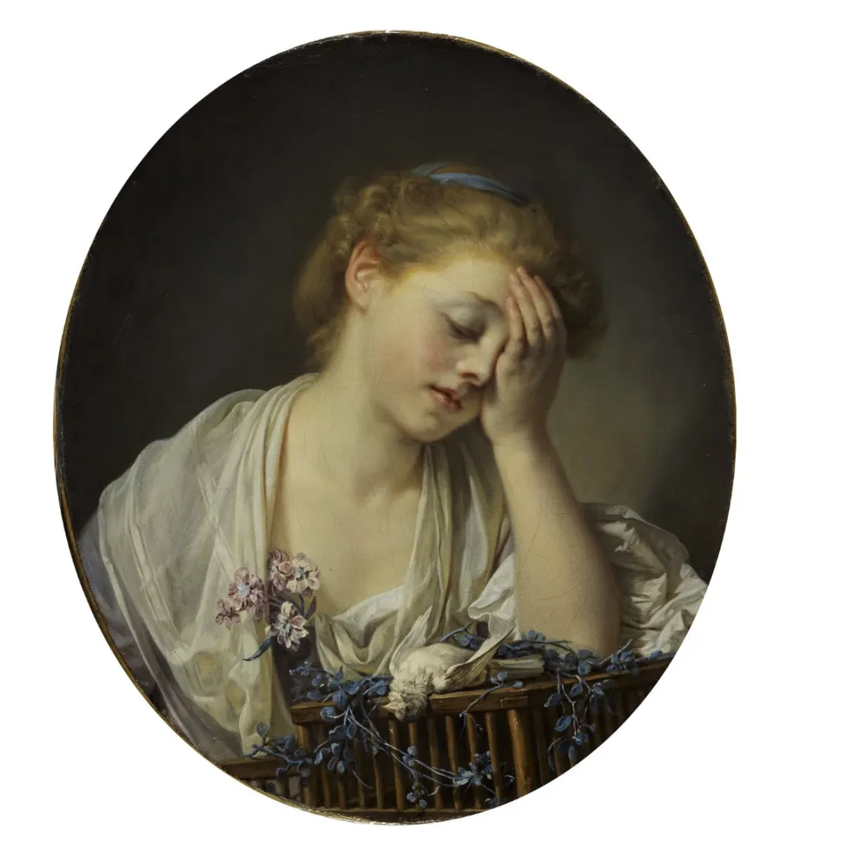 Greuze. Une jeune fille, qui pleure son oiseau mort. 1765.