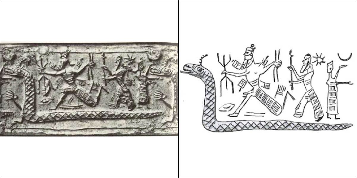 Dieu Marduk tuant Tiamat, sceau-cylindre néo-assyrien, 900-750 av. J.-C.002